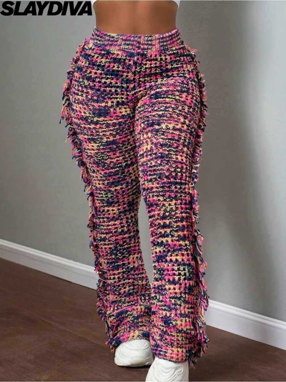 SHEIN Multicolor Tweed Straight Leg Pants - Pink Navy Yellow
